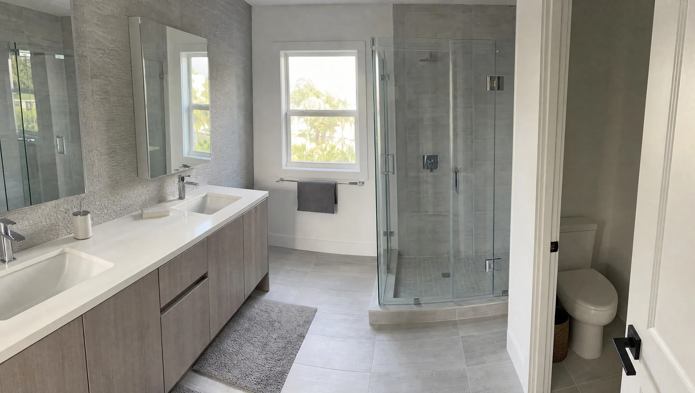 Square primary bathroom with a double vanity on one wall and a walk-in shower opposite