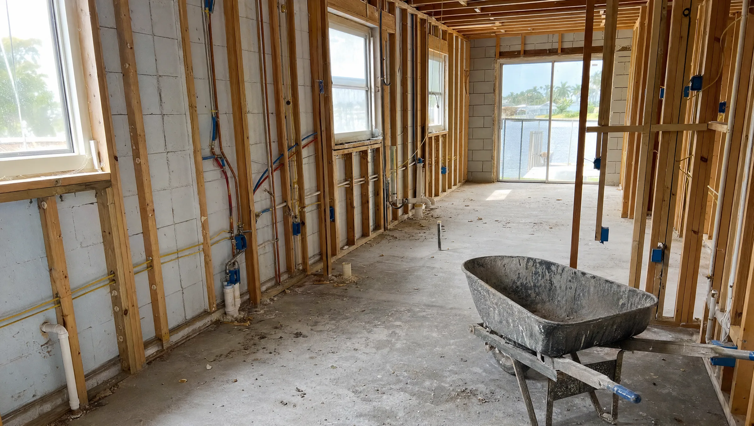 Interior of a house stripped to the studs during a gut renovation with new plumbing and wiring