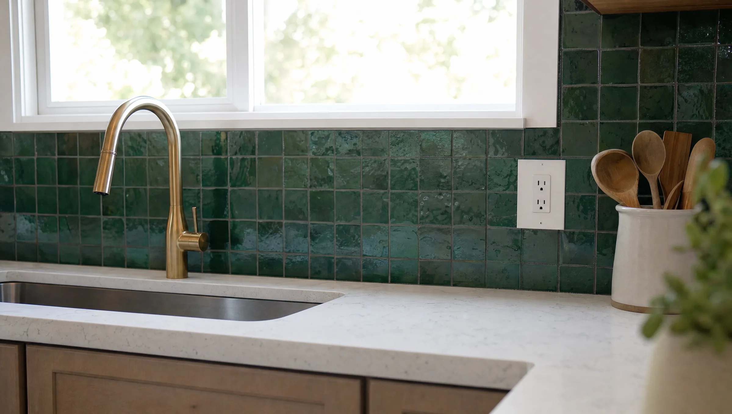 Close-up of a handmade-look green zellige tile backsplash behind a quartz countertop
