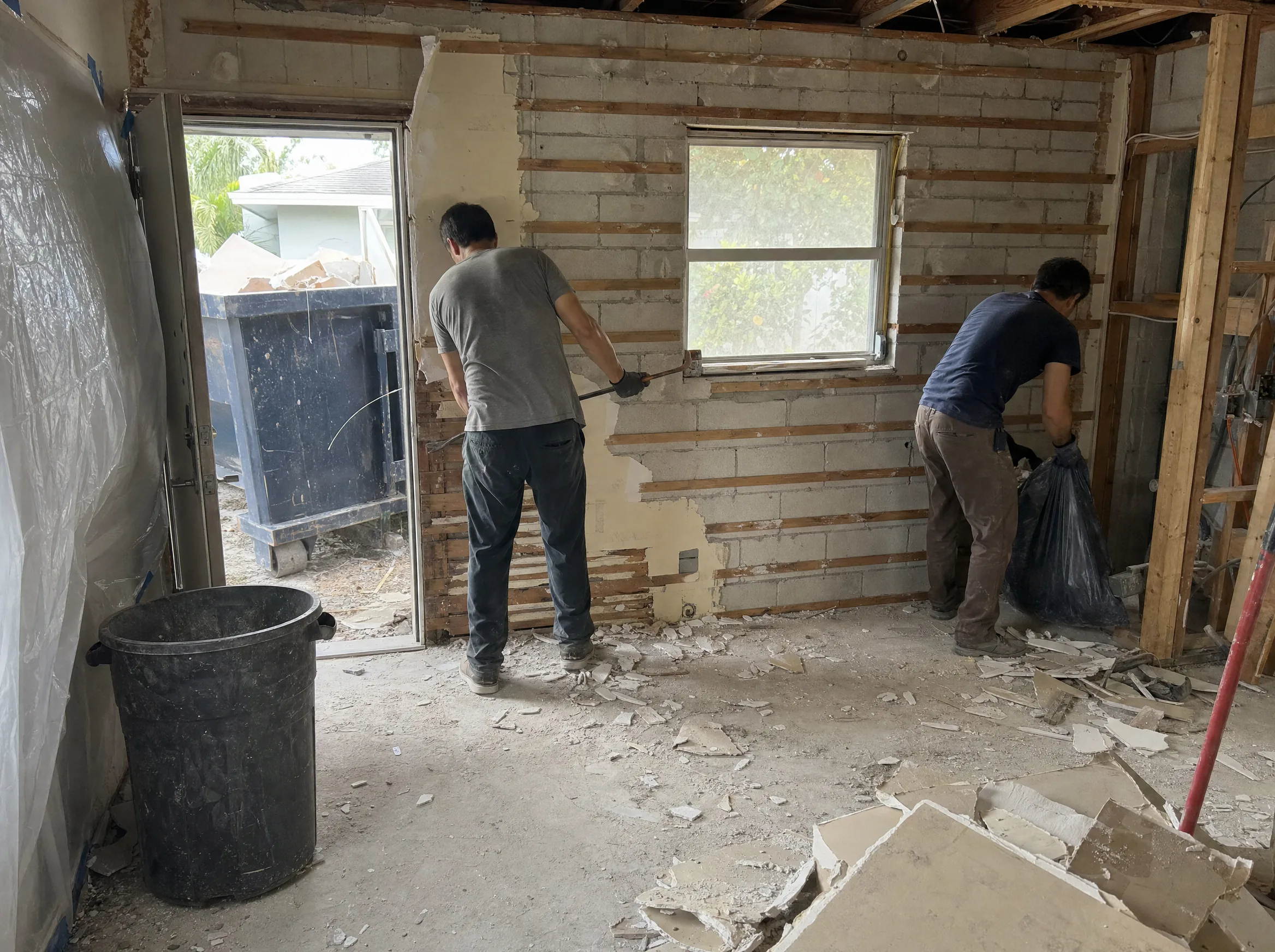 Workers removing old drywall and fixtures during the demolition phase of a whole-home renovation