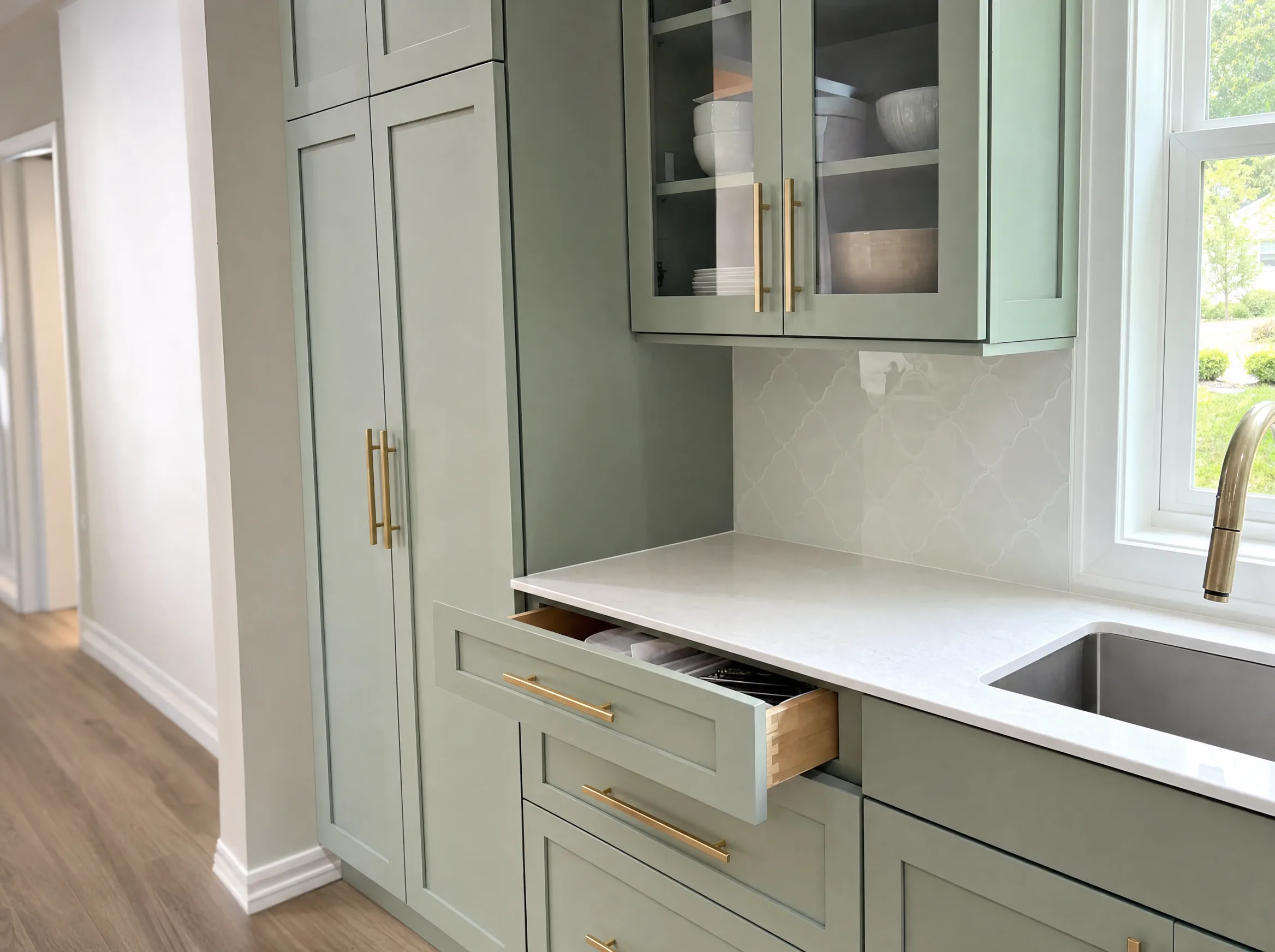 Sage green shaker kitchen cabinets with brushed gold hardware and a tall pantry