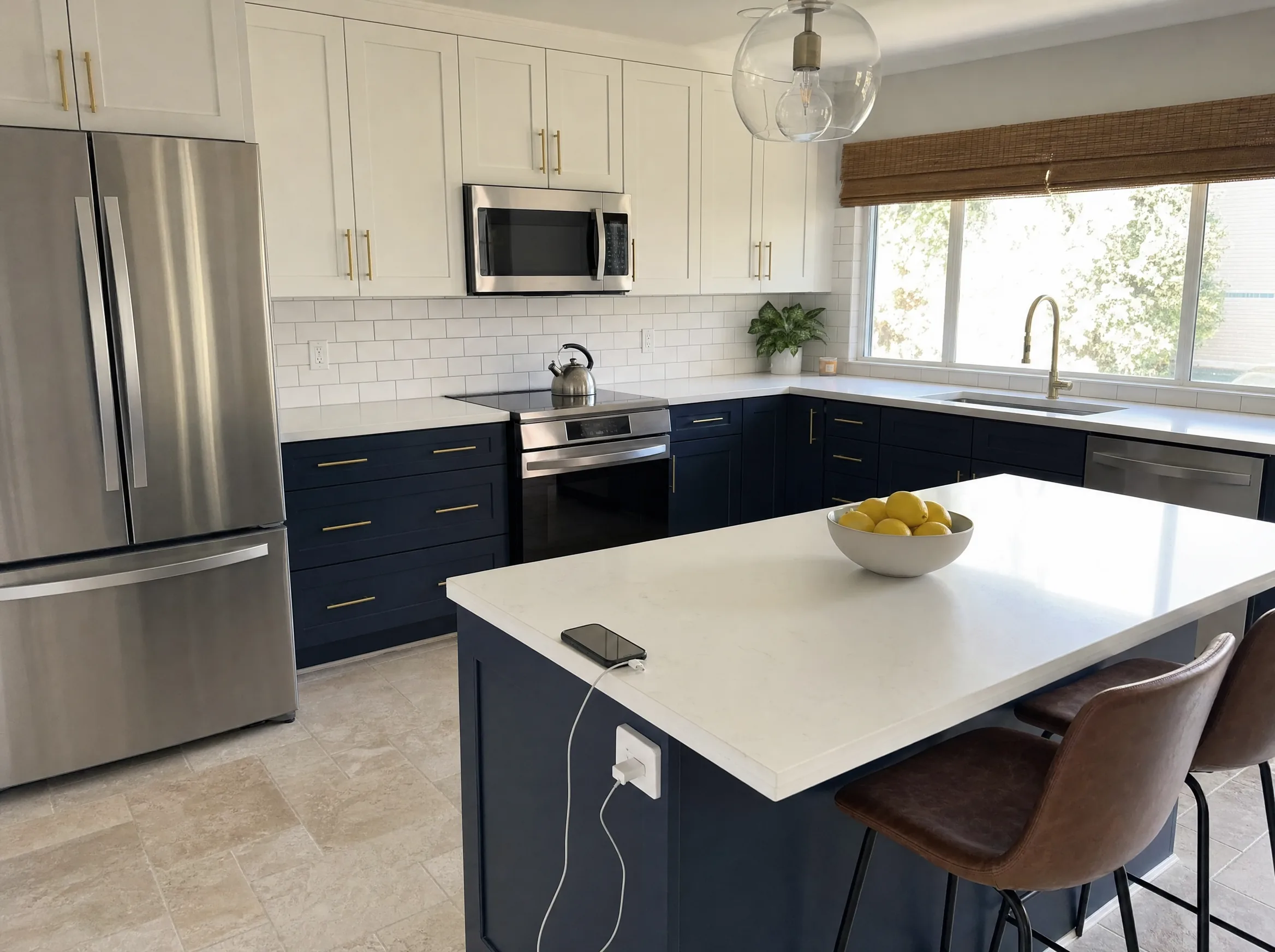 Finished kitchen remodel with two-tone shaker cabinets, quartz counters and a subway tile backsplash