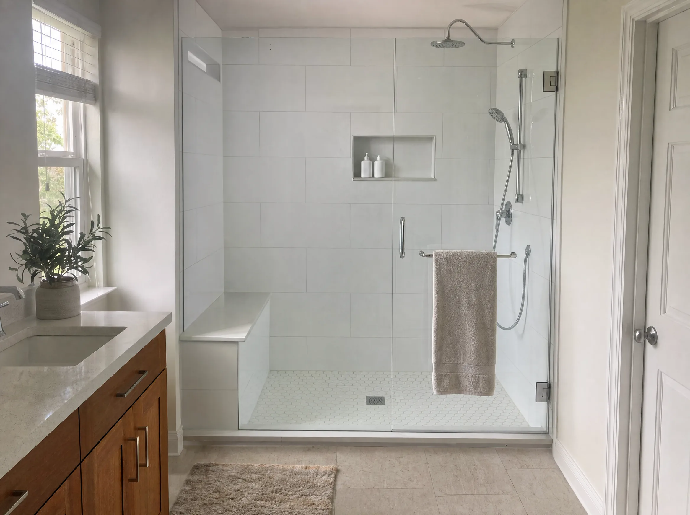 Walk-in shower with a frameless glass door, a niche and a bench, built where a bathtub used to be