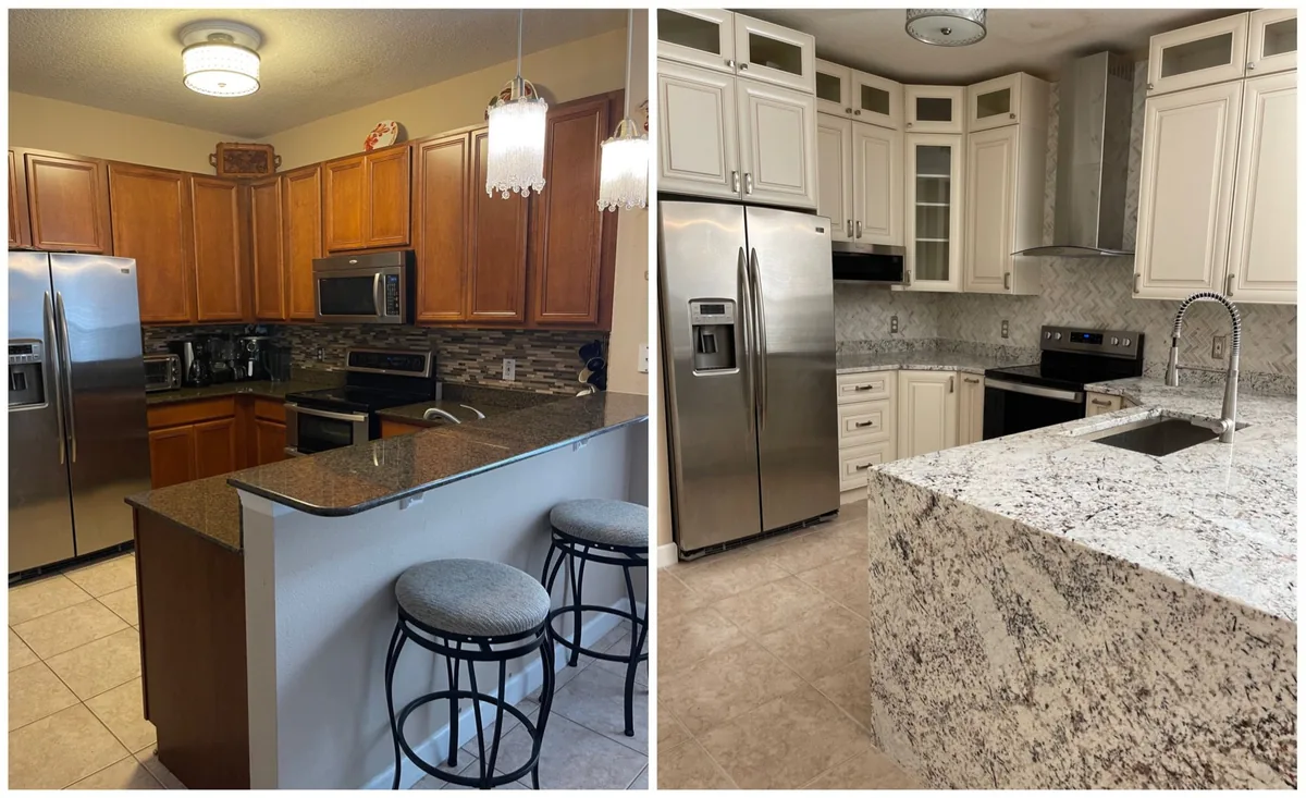 Kitchen before and after: cherry cabinets replaced with cream cabinets and a white granite waterfall island