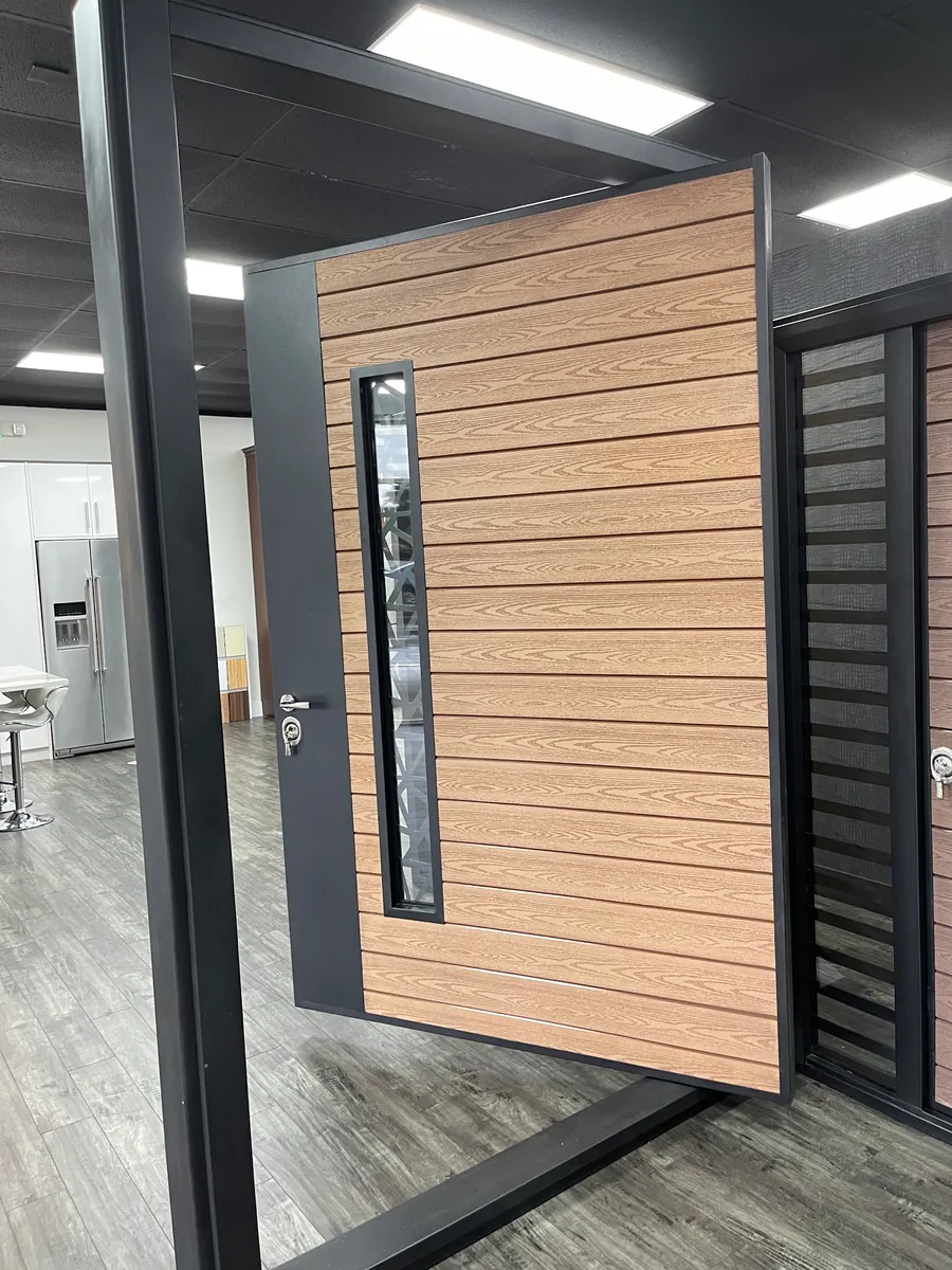 Wood and steel entry door on display in the showroom